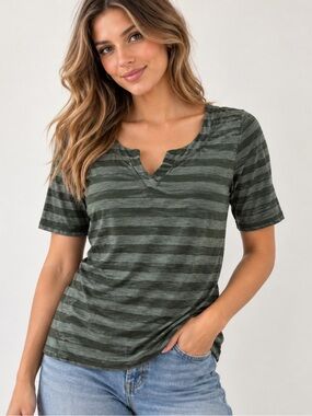 Talbots Olive Green Earthy Striped Notch Neck Short Sleeve Y2K Casual Top Xs